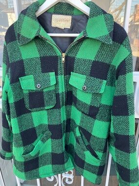Vintage 70s Melton Green & Black Buffalo Plaid Zip Jacket